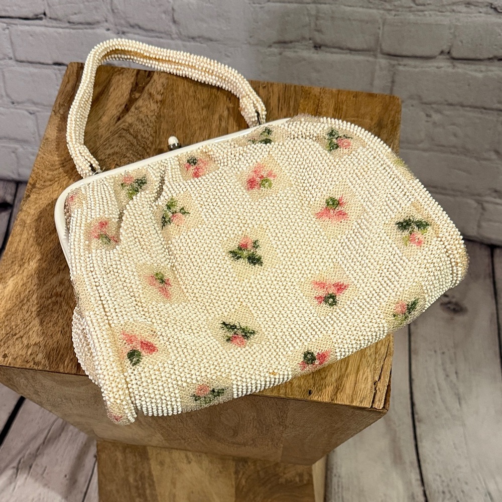 Vintage Lumured Corde Petite Beaded Pink Floral Purse 50s 40s Antique Glam Bag
